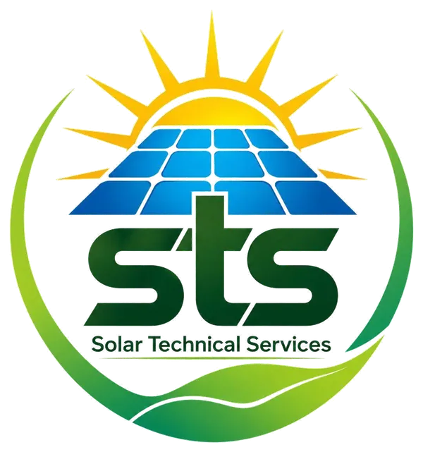 The Solar Technical Services logo: a rising sun behind solar panels, the letters STS, the name Solar Technical Services and a green leaf ring