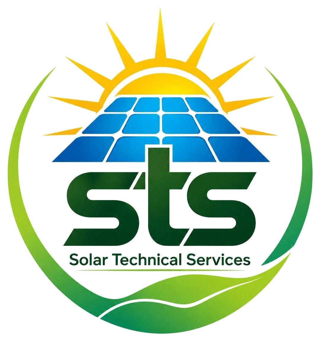 The Solar Technical Services logo: a rising sun behind solar panels, the letters STS, the name Solar Technical Services and a green leaf ring